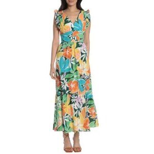 Maggy London Tropical Floral Print Sleeveless Ruffle Hem Maxi Dress V‎ Neck Sz 2